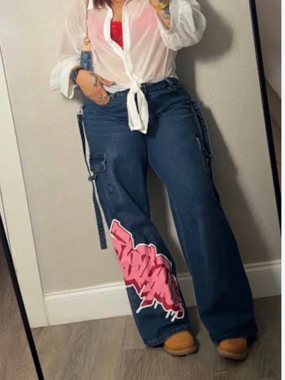 Southpole Wide Leg Cargo Jeans Size 5/27 - Pink Graffiti Y2K Denim